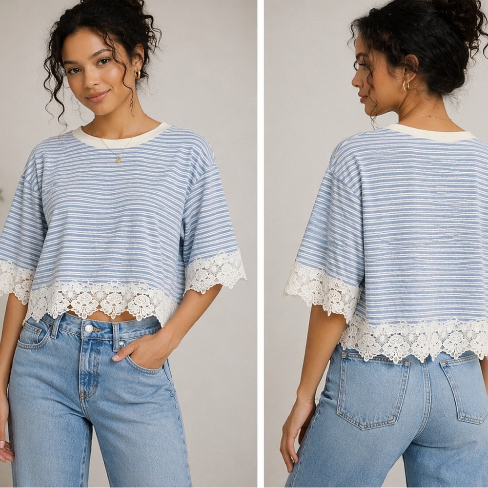 Topshop Blue White Striped Lace Trim Crop Top NWT US 6
